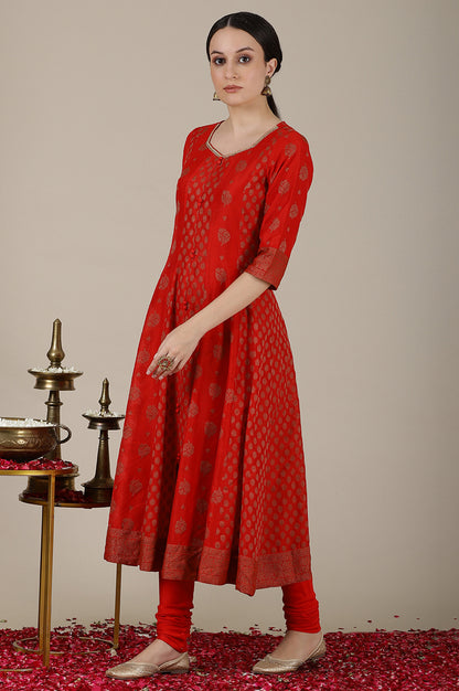 Red Yarn Dyed Embroidered Sweetheart Neck Kurta, Churidar and Jacquard Dupatta