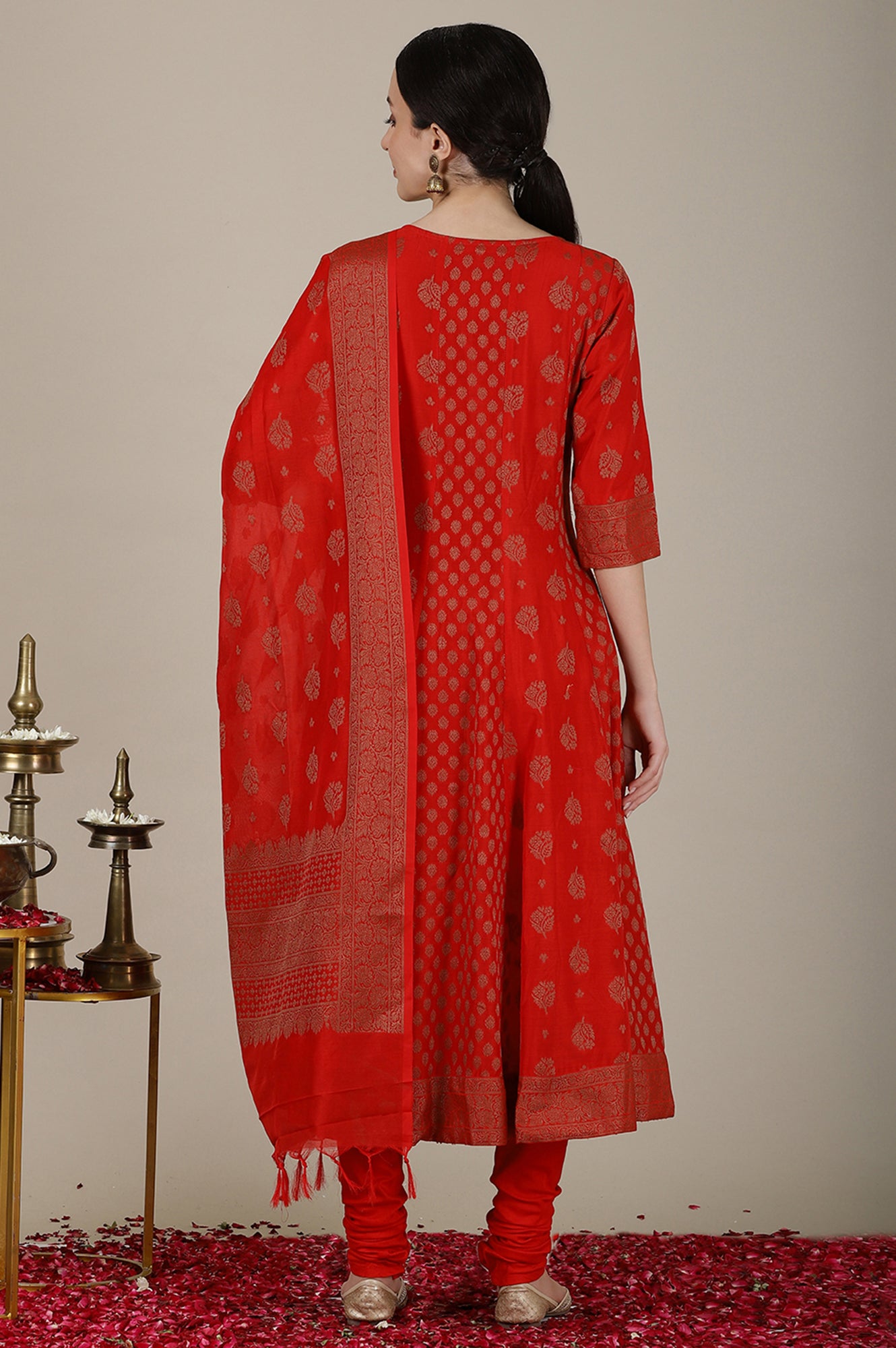 Red Yarn Dyed Embroidered Sweetheart Neck Kurta, Churidar and Jacquard Dupatta