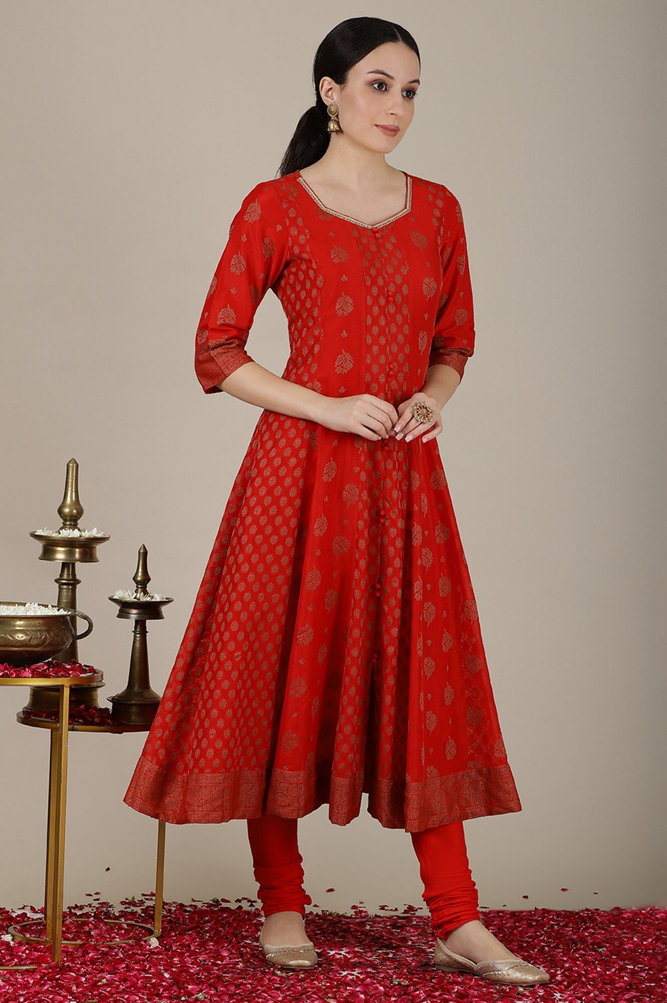 Red Yarn Dyed Embroidered Sweetheart Neck Kurta, Churidar and Jacquard Dupatta