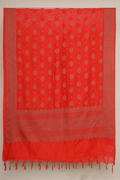 Red Yarn Dyed Embroidered Sweetheart Neck Kurta, Churidar and Jacquard Dupatta