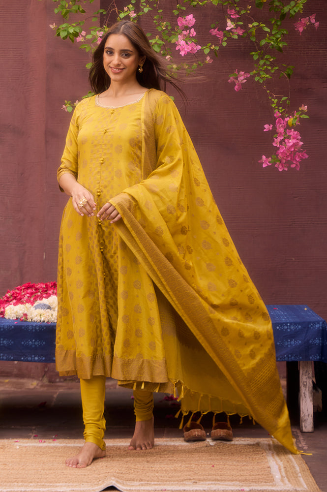 Mustard Yellow Yarn Dyed Cotton Blend Embroidered Anarkali Kurta, Cotton Churidar and Jacquard Dupatta Set