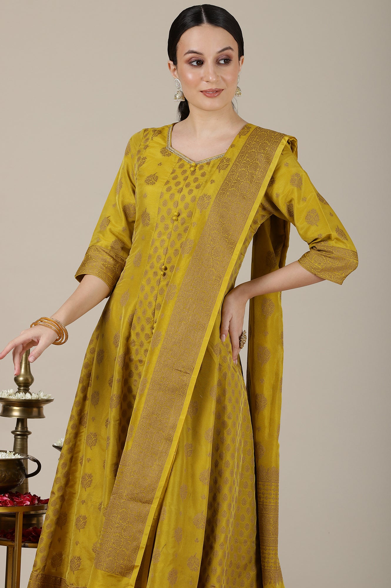 Mustard Yellow Yarn Dyed Cotton Blend Embroidered Anarkali Kurta, Cotton Churidar and Jacquard Dupatta Set