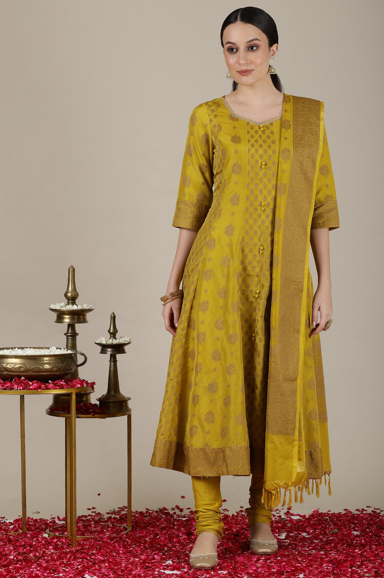 Mustard Yellow Yarn Dyed Cotton Blend Embroidered Anarkali Kurta, Cotton Churidar and Jacquard Dupatta Set