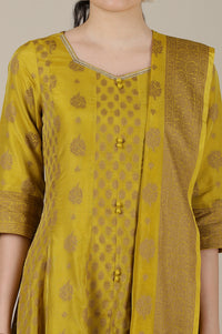 Mustard Yellow Yarn Dyed Cotton Blend Embroidered Anarkali Kurta, Cotton Churidar and Jacquard Dupatta Set