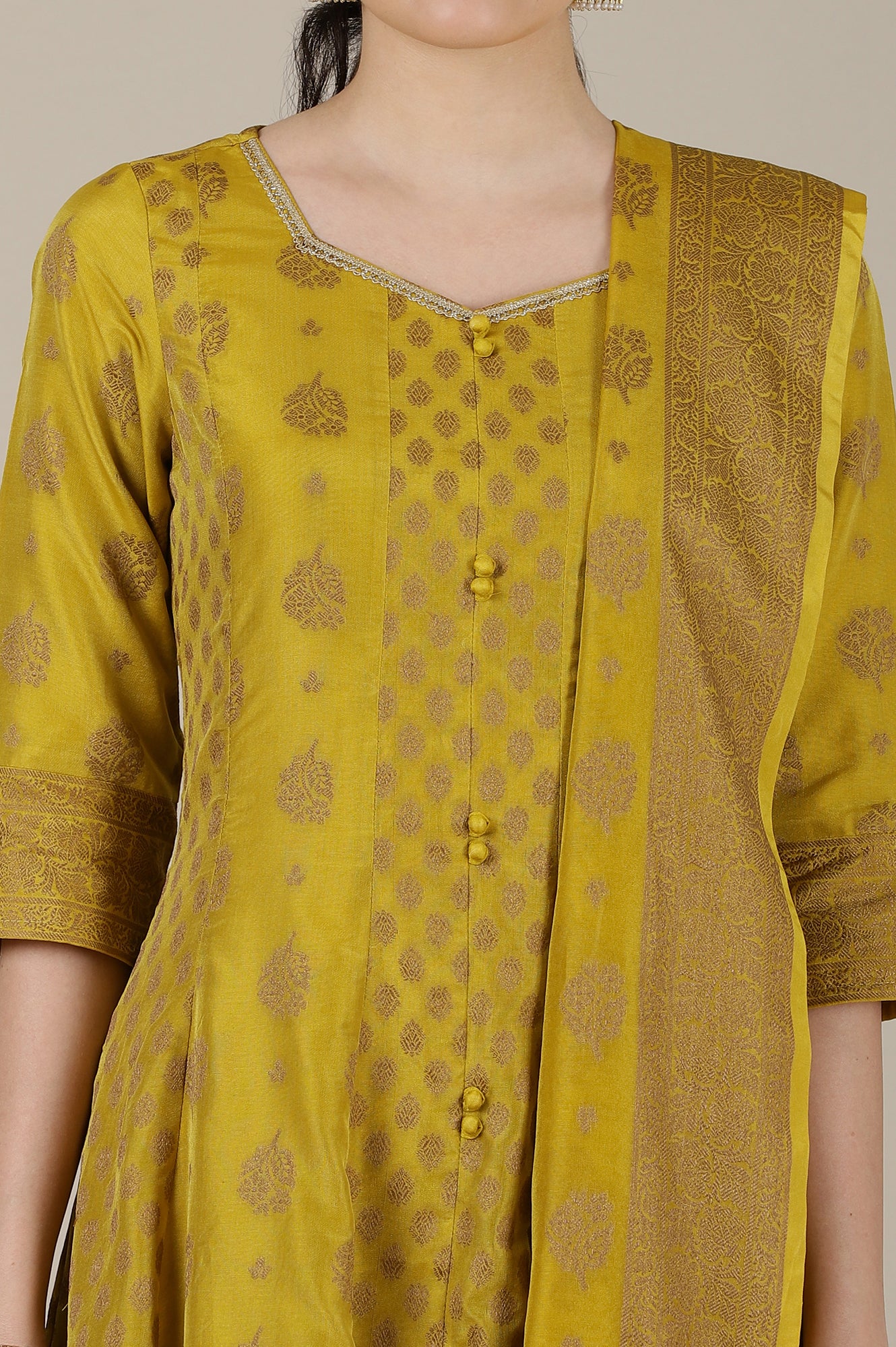 Mustard Yellow Yarn Dyed Cotton Blend Embroidered Anarkali Kurta, Cotton Churidar and Jacquard Dupatta Set