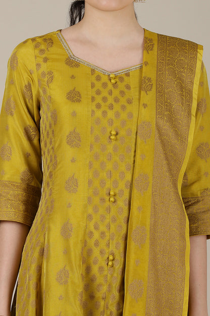 Mustard Yellow Yarn Dyed Cotton Blend Embroidered Anarkali Kurta, Cotton Churidar and Jacquard Dupatta Set