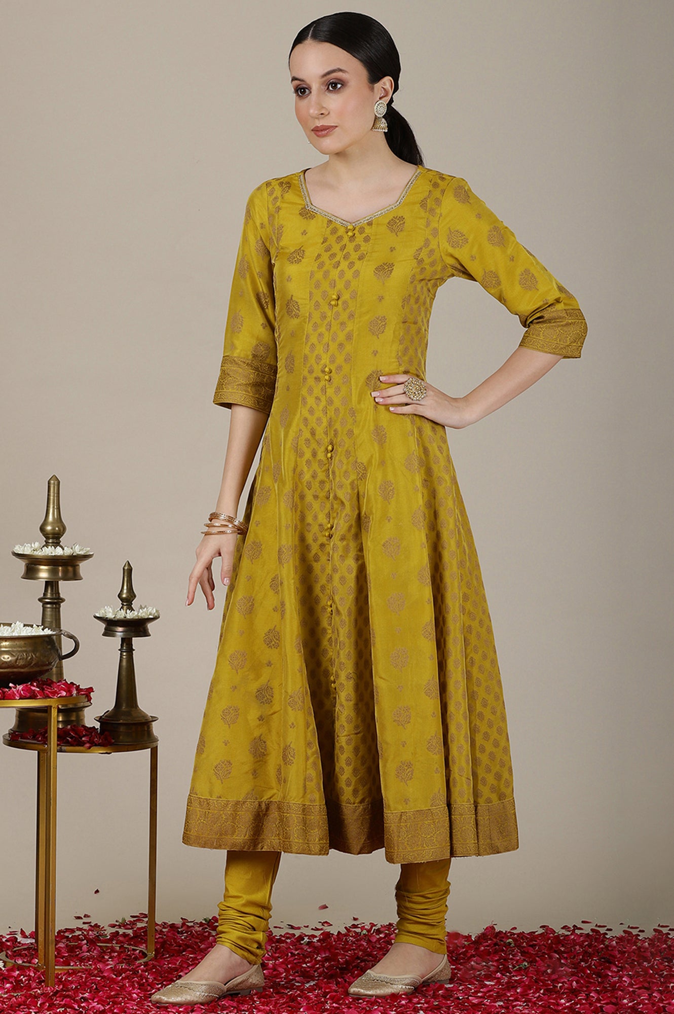 Mustard Yellow Yarn Dyed Cotton Blend Embroidered Anarkali Kurta, Cotton Churidar and Jacquard Dupatta Set