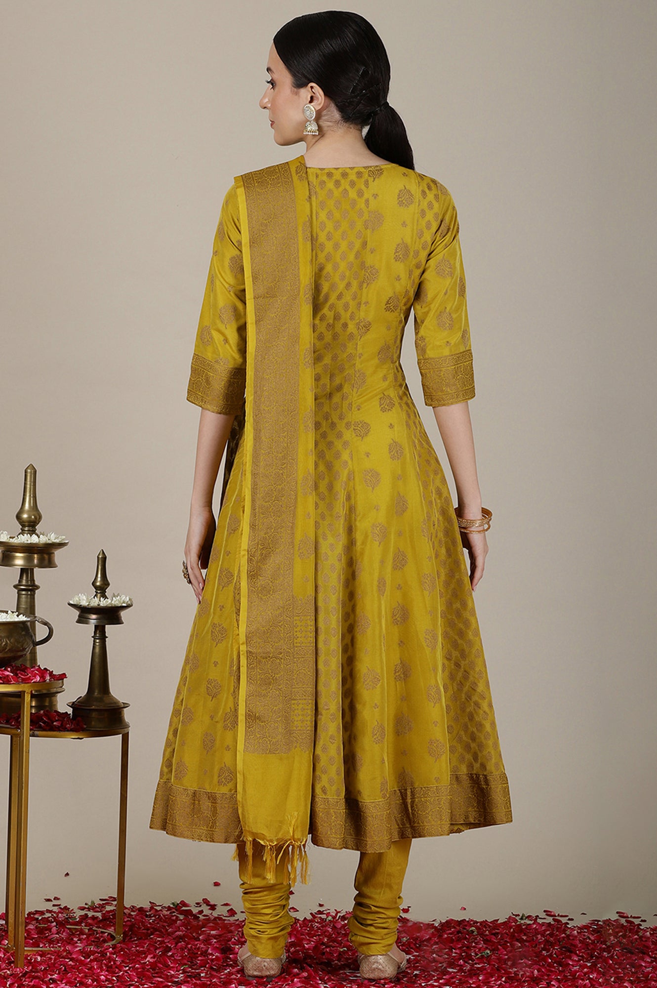 Mustard Yellow Yarn Dyed Cotton Blend Embroidered Anarkali Kurta, Cotton Churidar and Jacquard Dupatta Set