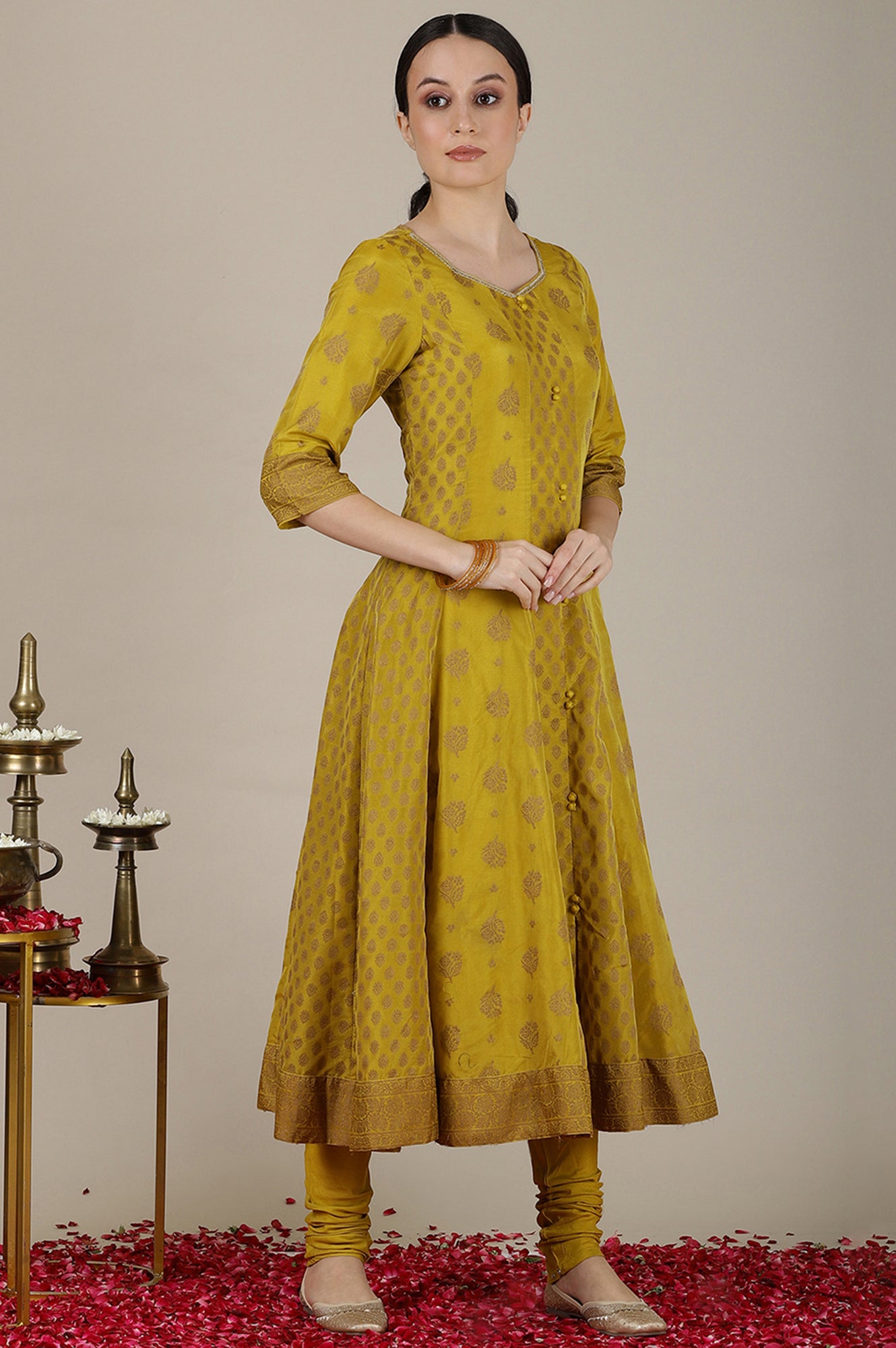 Mustard Yellow Yarn Dyed Cotton Blend Embroidered Anarkali Kurta, Cotton Churidar and Jacquard Dupatta Set