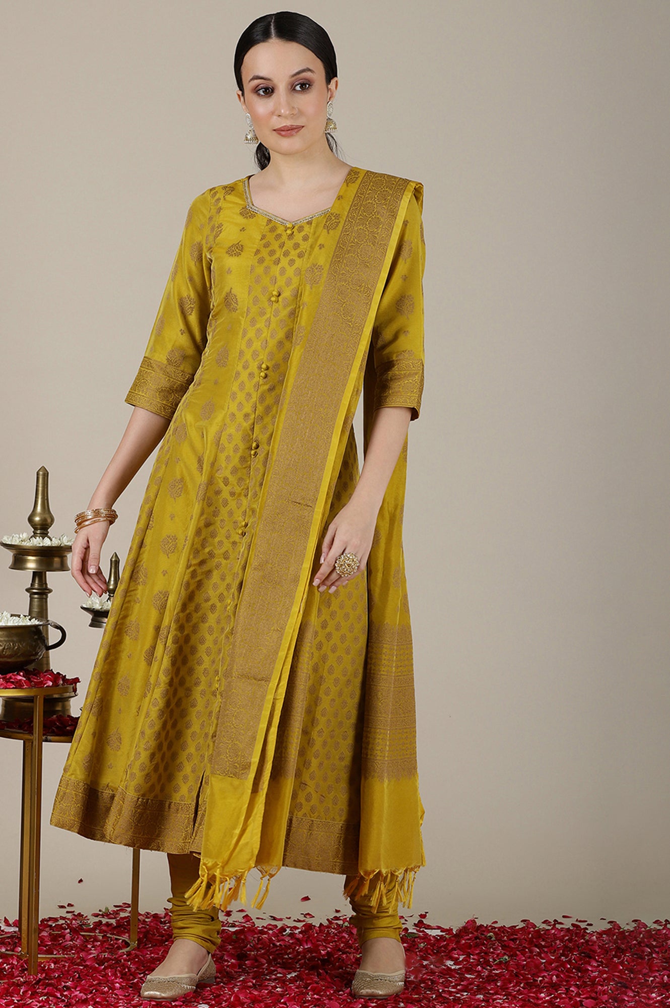 Mustard Yellow Yarn Dyed Cotton Blend Embroidered Anarkali Kurta, Cotton Churidar and Jacquard Dupatta Set