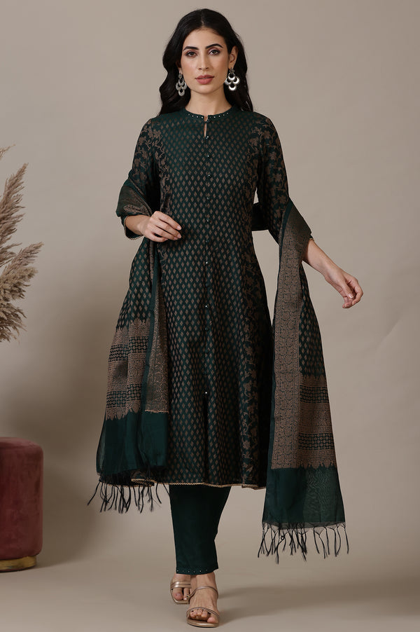 Green Yarn-Dyed Embroidered Cotton Blend Anarkali Kurta, Trousers and Dupatta Set