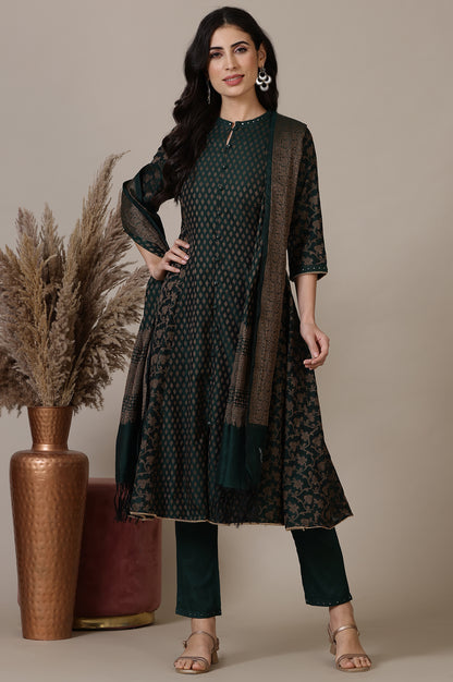 Green Yarn-Dyed Embroidered Cotton Blend Anarkali Kurta, Trousers and Dupatta Set