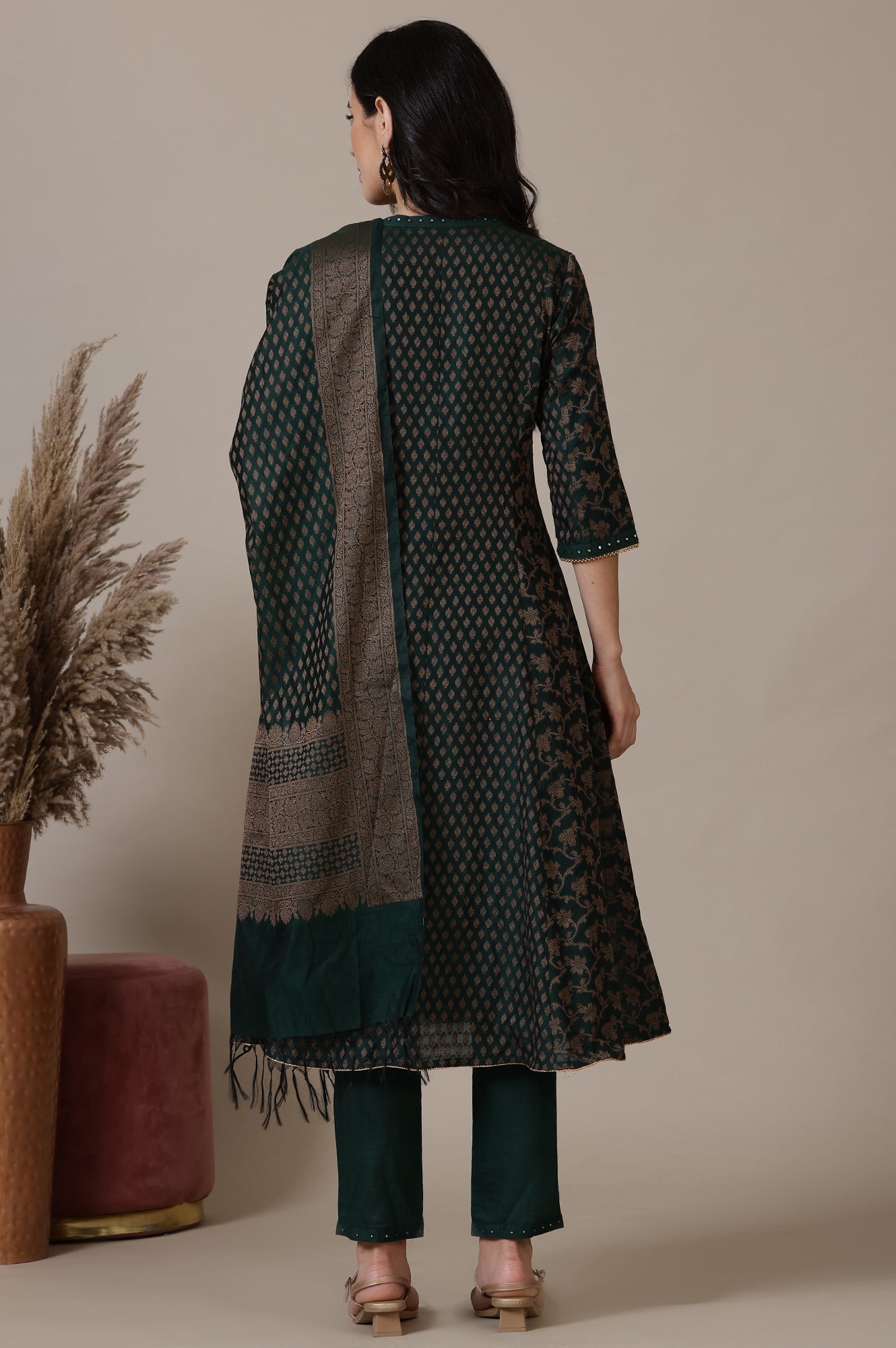 Green Yarn-Dyed Embroidered Cotton Blend Anarkali Kurta, Trousers and Dupatta Set