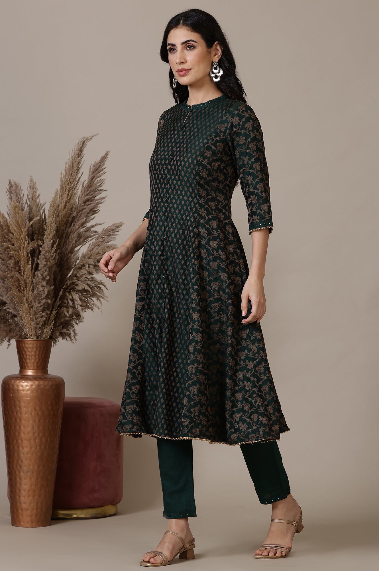 Green Yarn-Dyed Embroidered Cotton Blend Anarkali Kurta, Trousers and Dupatta Set