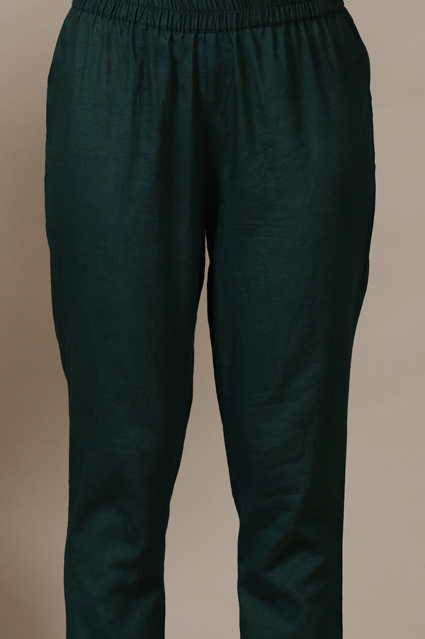 Green Yarn-Dyed Embroidered Cotton Blend Anarkali Kurta, Trousers and Dupatta Set