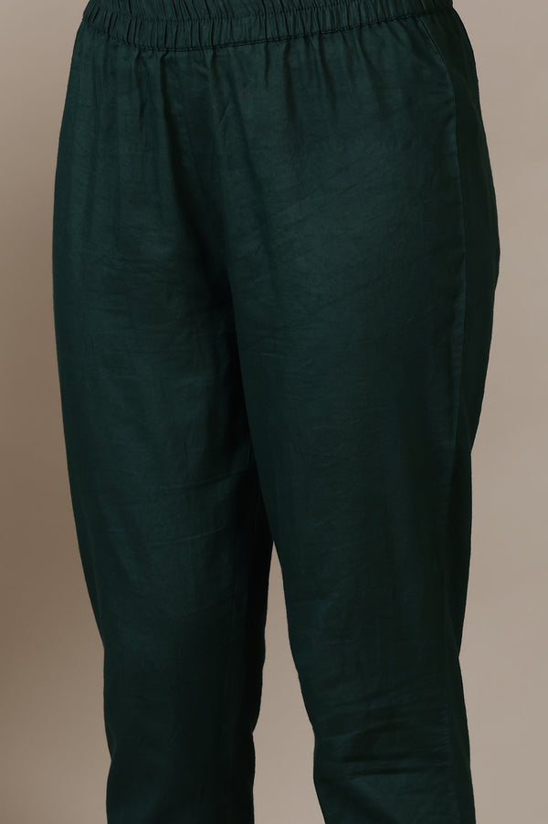 Green Yarn-Dyed Embroidered Cotton Blend Anarkali Kurta, Trousers and Dupatta Set