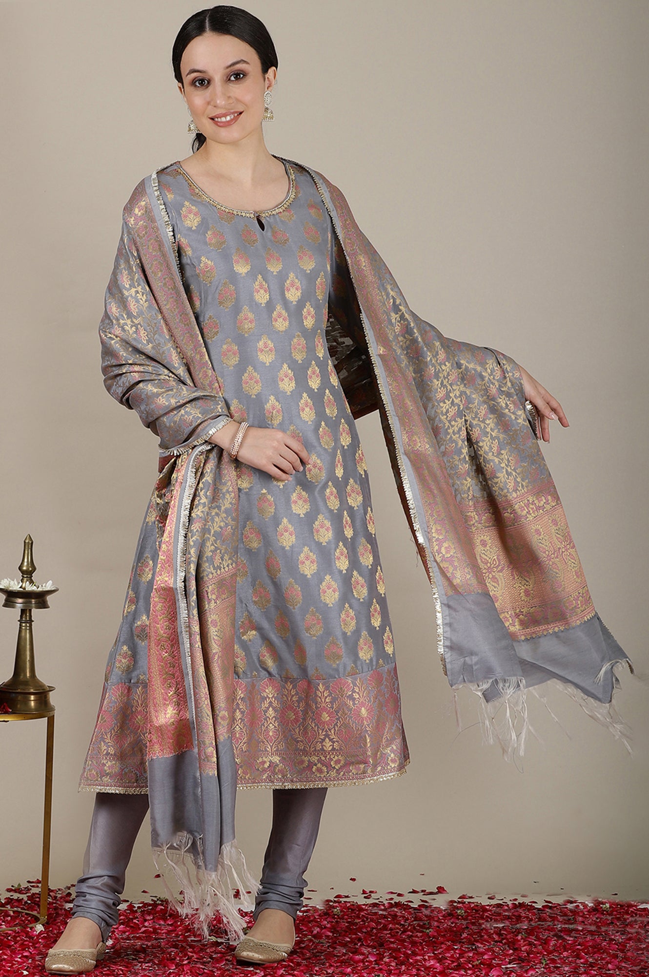 Grey Yarn Dyed Embroidered A-line Kurta, Churidar and Dupatta Set