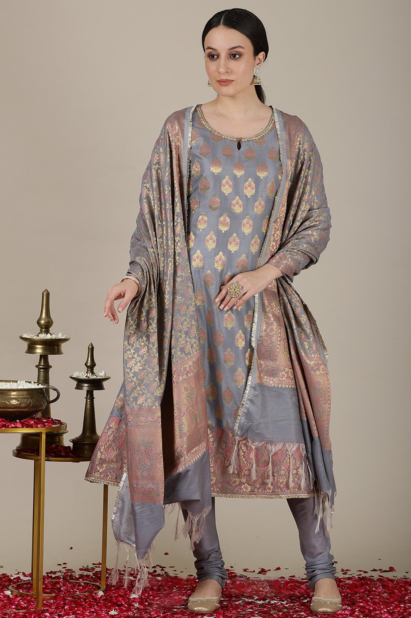 Grey Yarn Dyed Embroidered A-line Kurta, Churidar and Dupatta Set