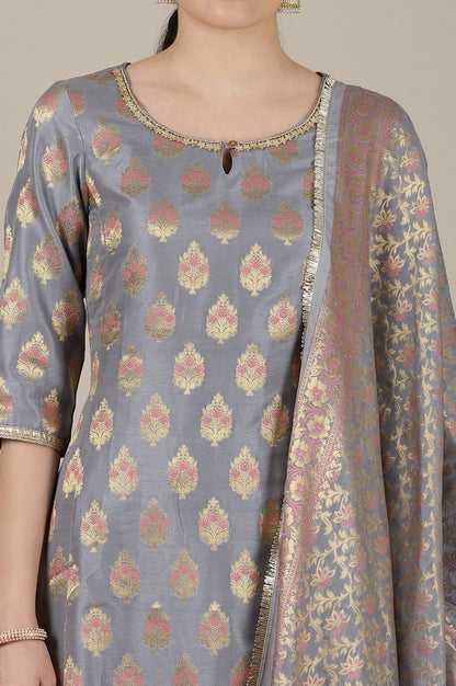 Grey Yarn Dyed Embroidered A-line Kurta, Churidar and Dupatta Set