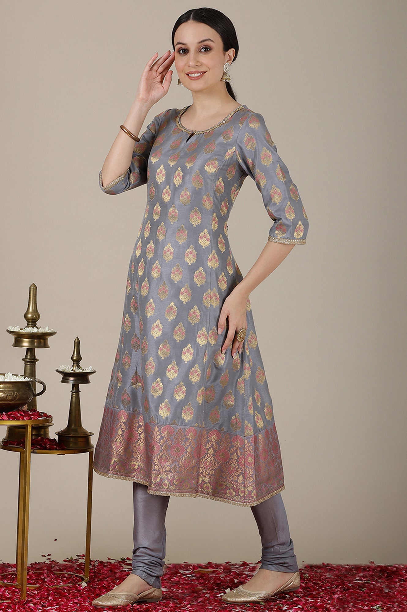 Grey Yarn Dyed Embroidered A-line Kurta, Churidar and Dupatta Set