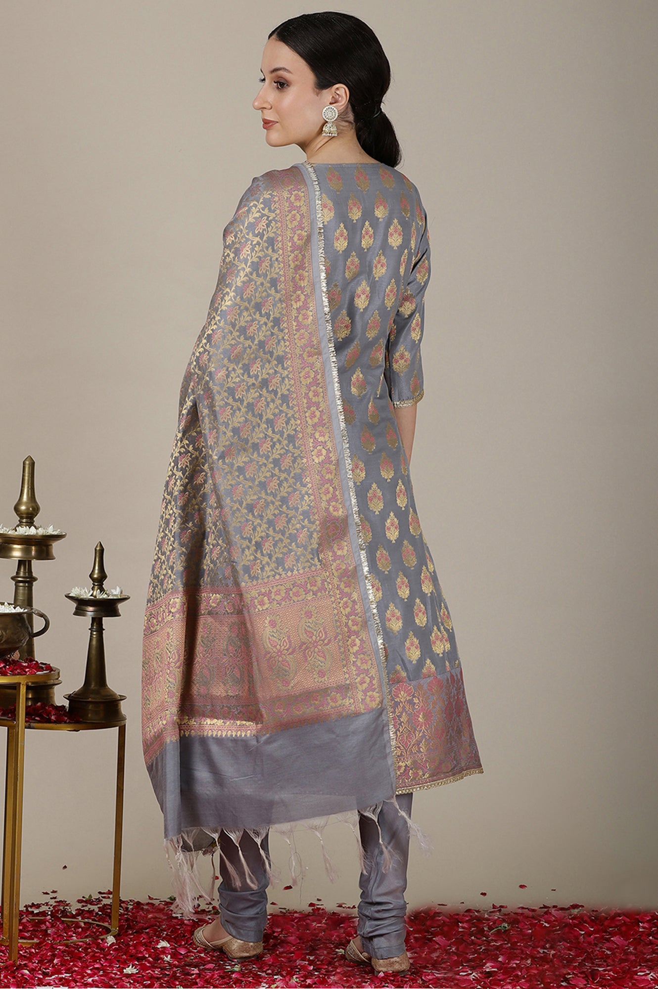 Grey Yarn Dyed Embroidered A-line Kurta, Churidar and Dupatta Set