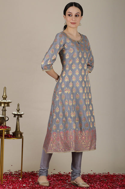 Grey Yarn Dyed Embroidered A-line Kurta, Churidar and Dupatta Set