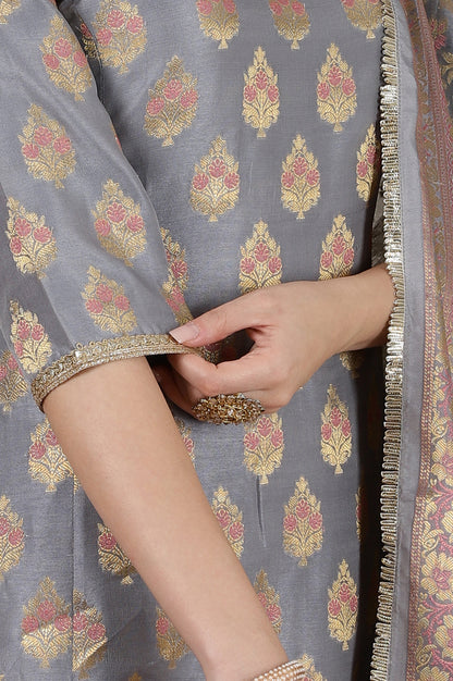 Grey Yarn Dyed Embroidered A-line Kurta, Churidar and Dupatta Set