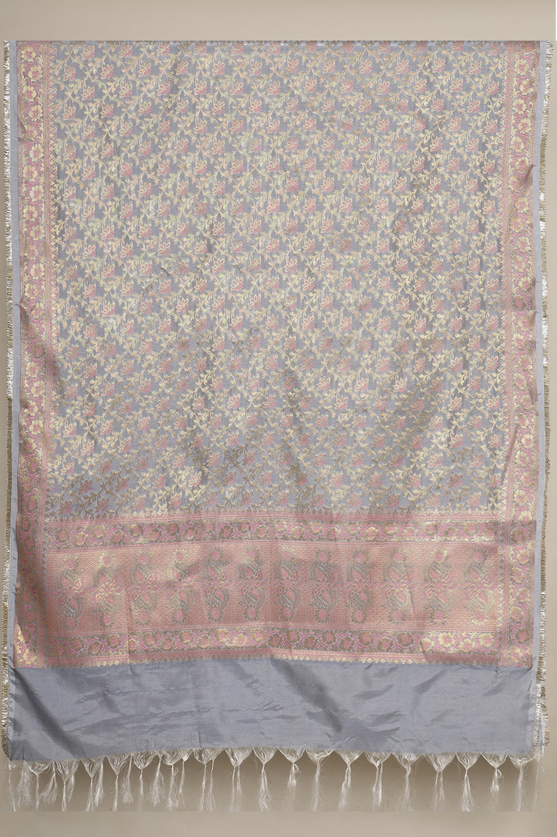 Grey Yarn Dyed Embroidered A-line Kurta, Churidar and Dupatta Set