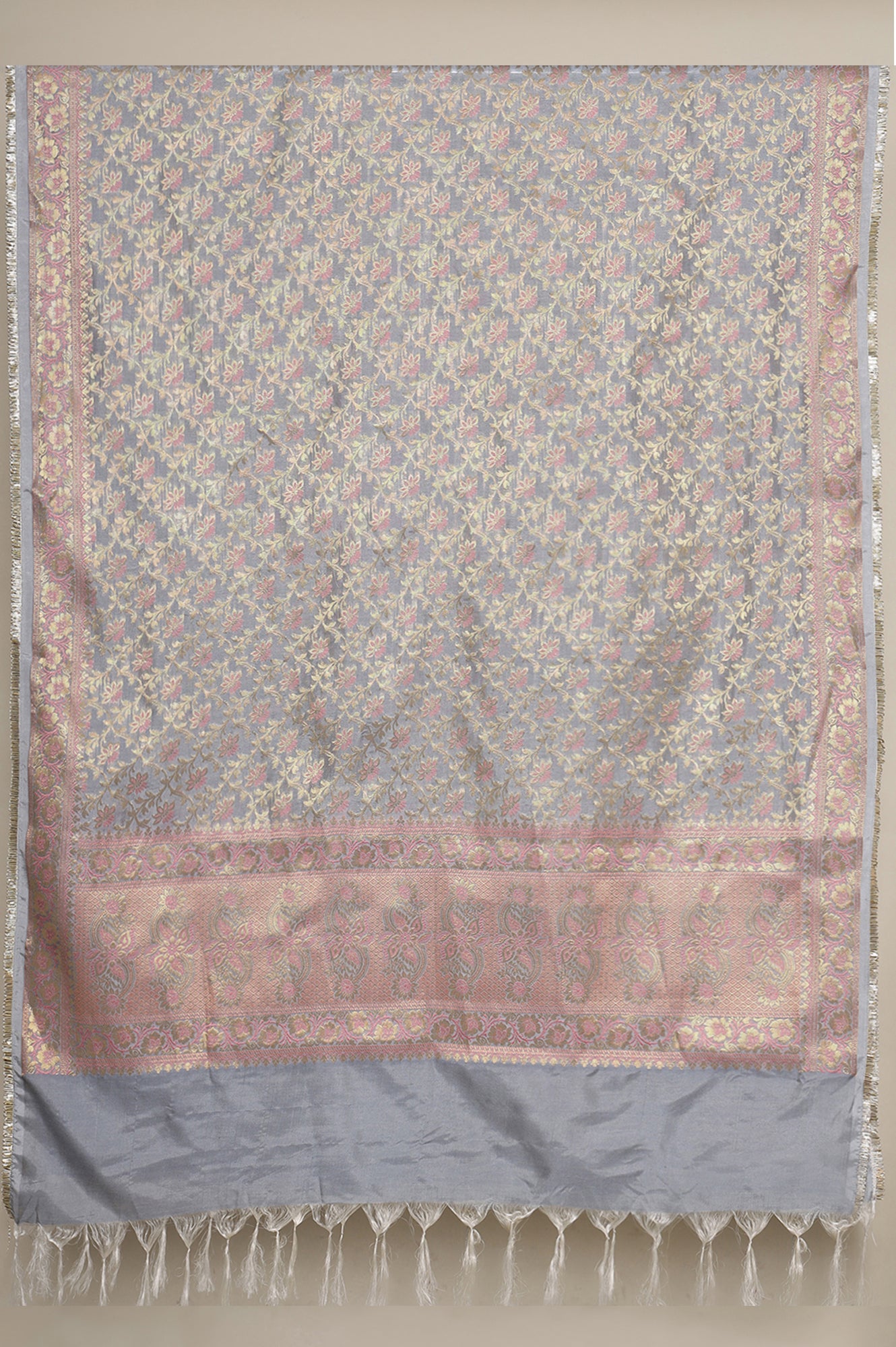 Grey Yarn Dyed Embroidered A-line Kurta, Churidar and Dupatta Set