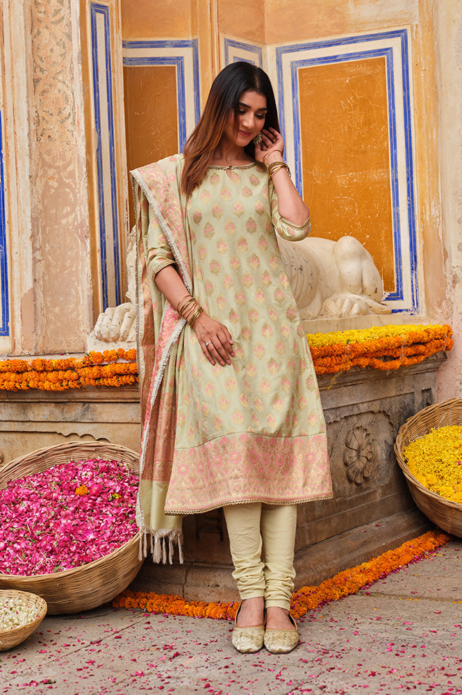 Mint Green Yarn Dyed Embroidered A-line Kurta, Churidar and Dupatta Set