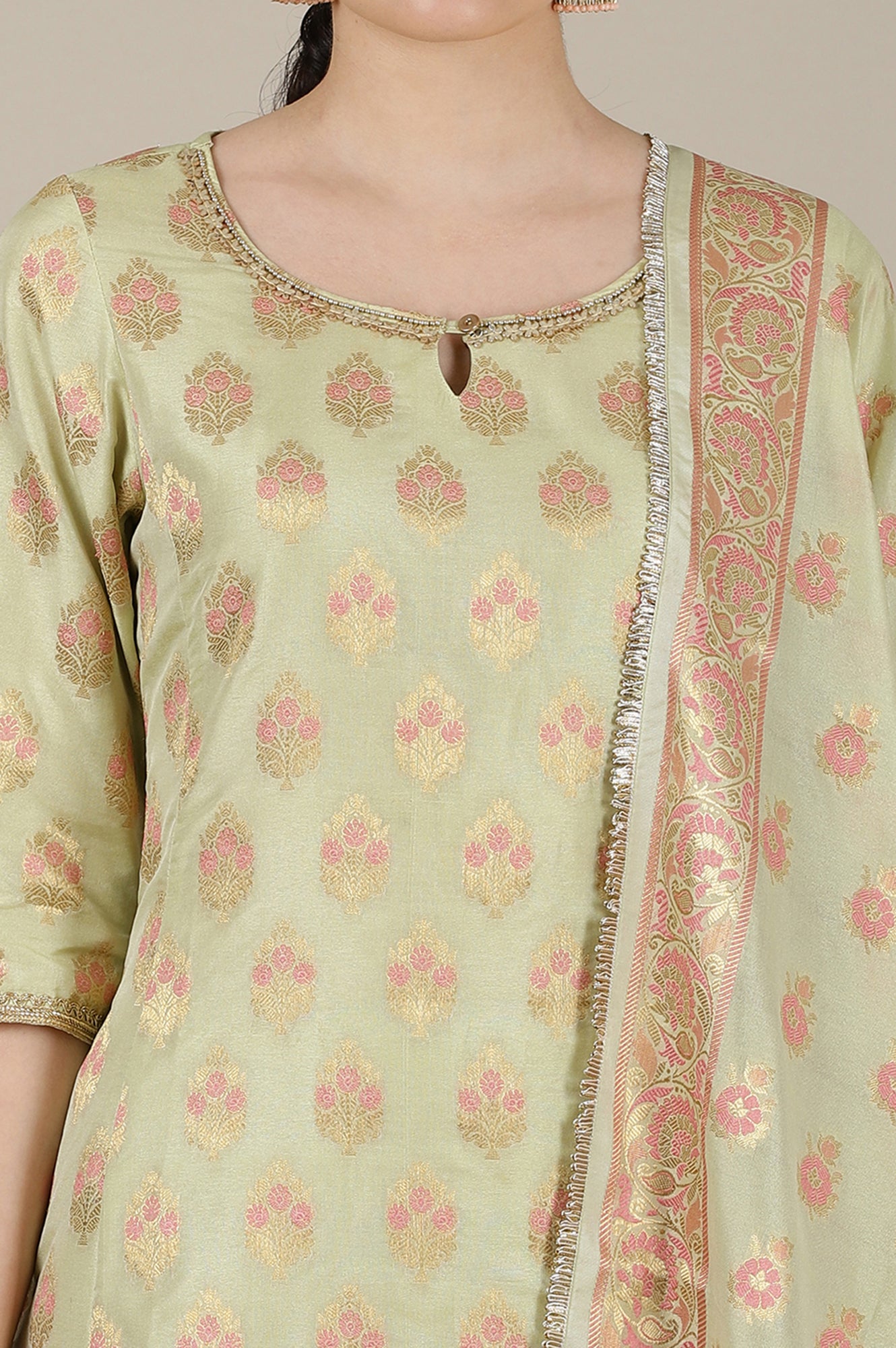 Mint Green Yarn Dyed Embroidered A-line Kurta, Churidar and Dupatta Set