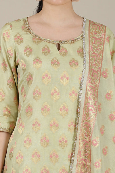 Mint Green Yarn Dyed Embroidered A-line Kurta, Churidar and Dupatta Set