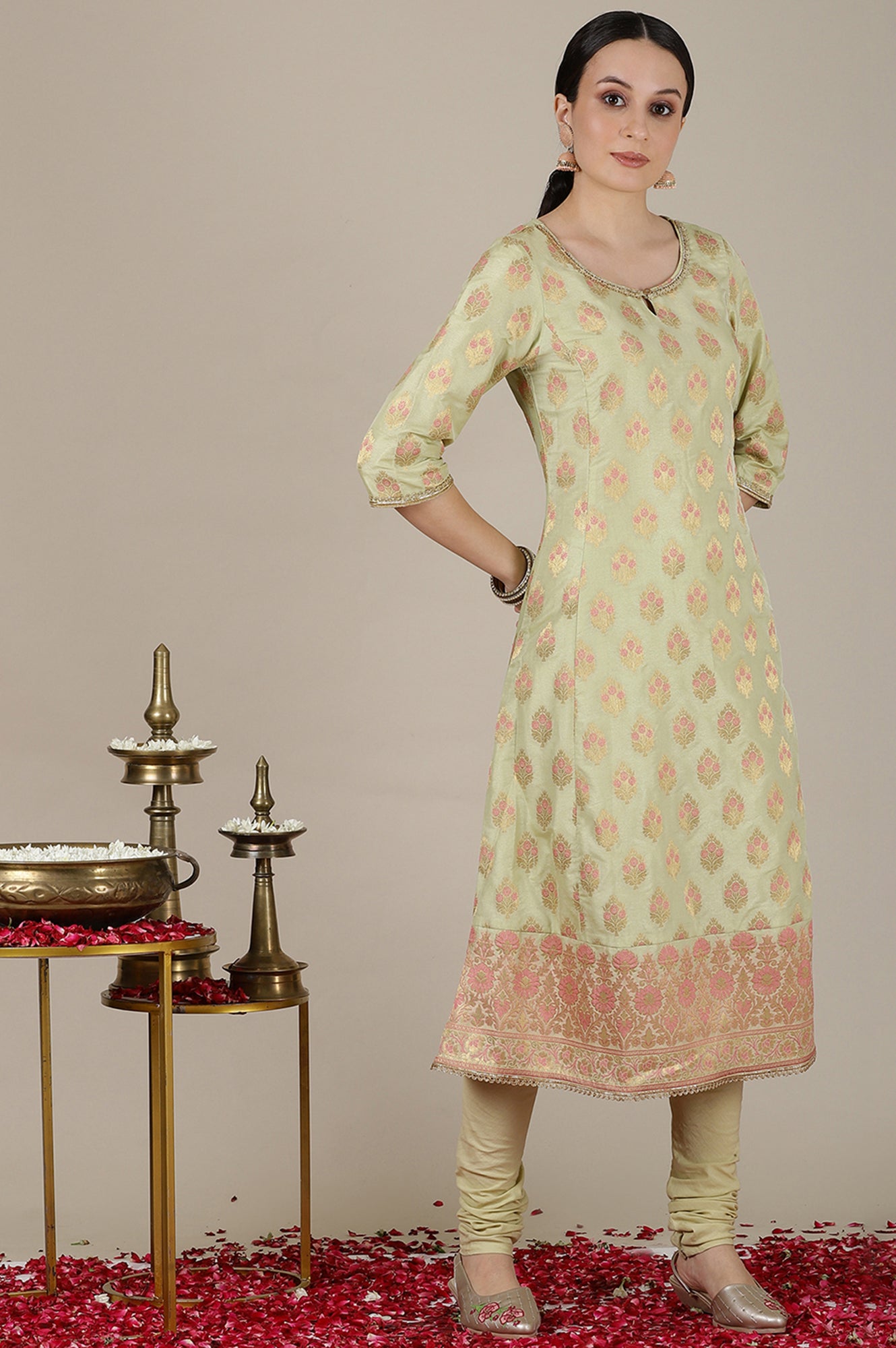 Mint Green Yarn Dyed Embroidered A-line Kurta, Churidar and Dupatta Set