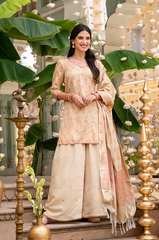 Beige Yarn Dyed Short Kurta with Lace, Embellished Palazzo and Jacquard Dupatta