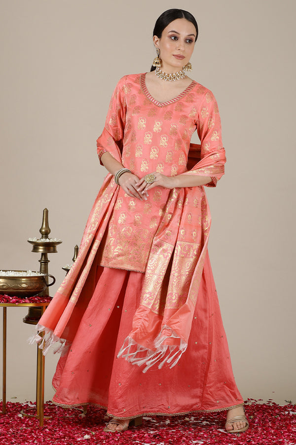 Blush Pink Yarn Dyed Short Festive Kurta, Embroidered Palazzo and Jacquard Dupatta Set