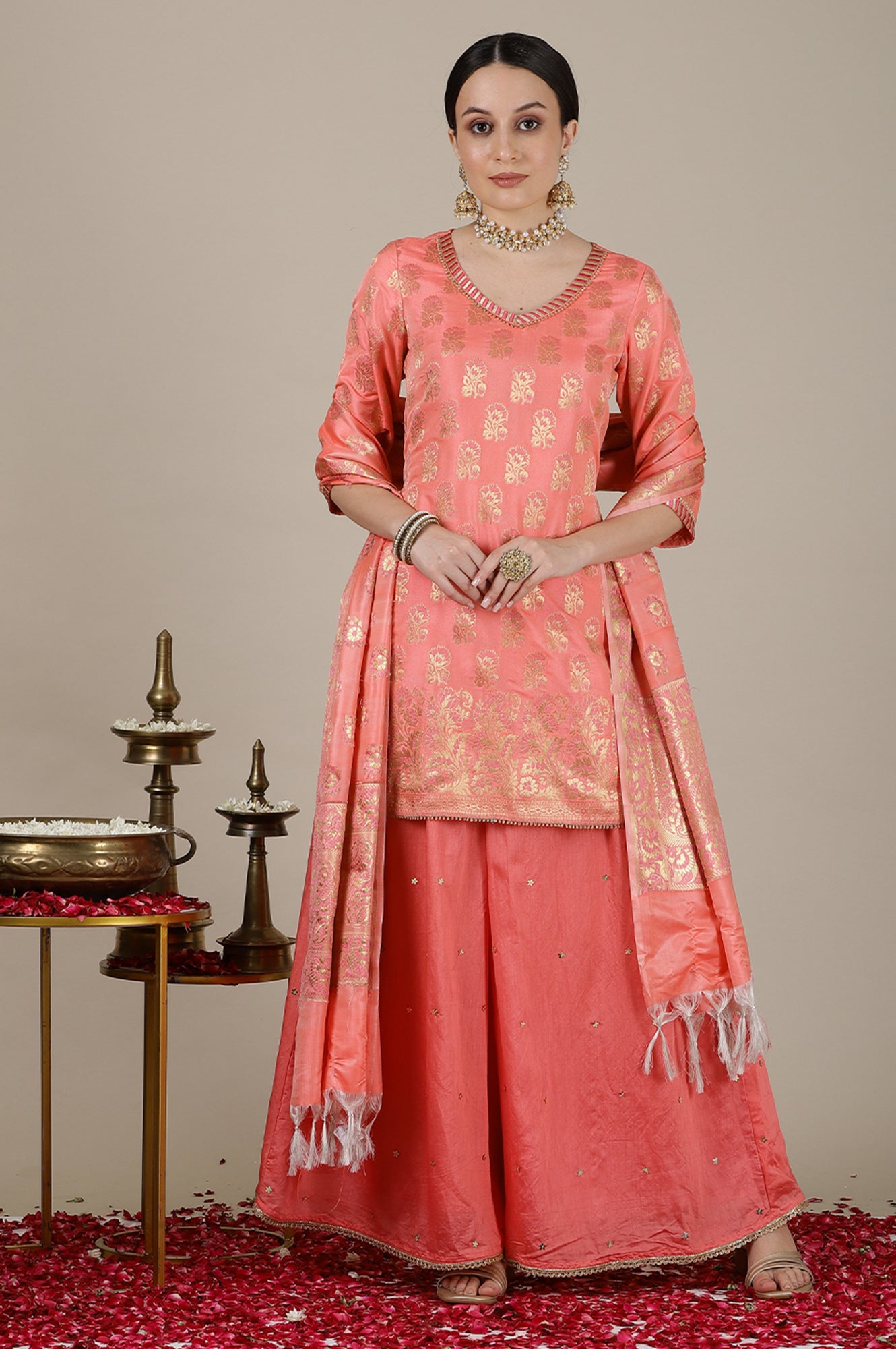 Blush Pink Yarn Dyed Short Festive Kurta, Embroidered Palazzo and Jacquard Dupatta Set