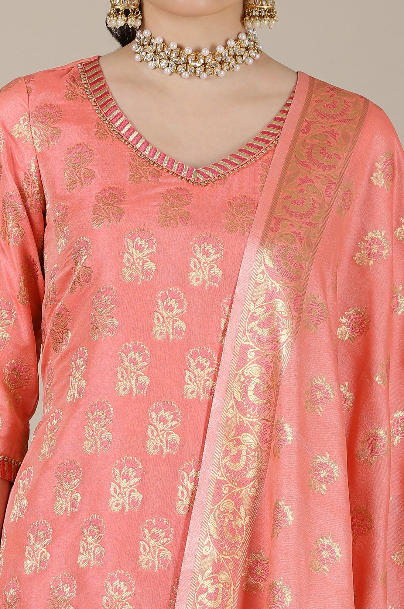 Blush Pink Yarn Dyed Short Festive Kurta, Embroidered Palazzo and Jacquard Dupatta Set