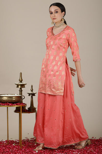 Blush Pink Yarn Dyed Short Festive Kurta, Embroidered Palazzo and Jacquard Dupatta Set