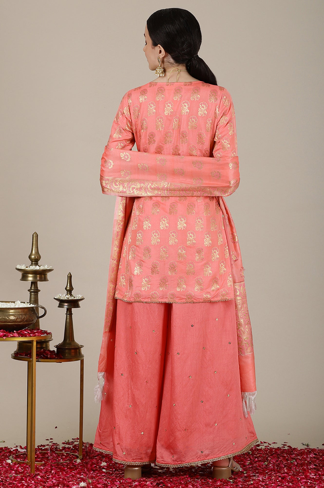 Blush Pink Yarn Dyed Short Festive Kurta, Embroidered Palazzo and Jacquard Dupatta Set