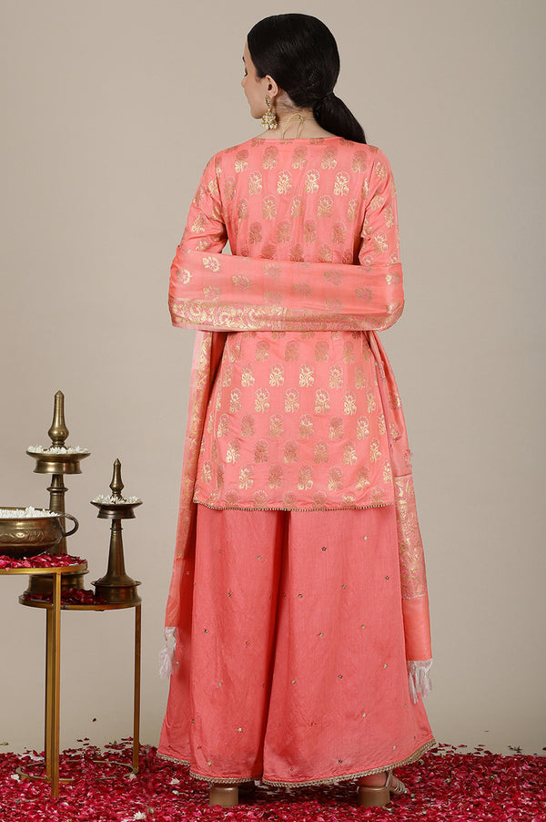 Blush Pink Yarn Dyed Short Festive Kurta, Embroidered Palazzo and Jacquard Dupatta Set
