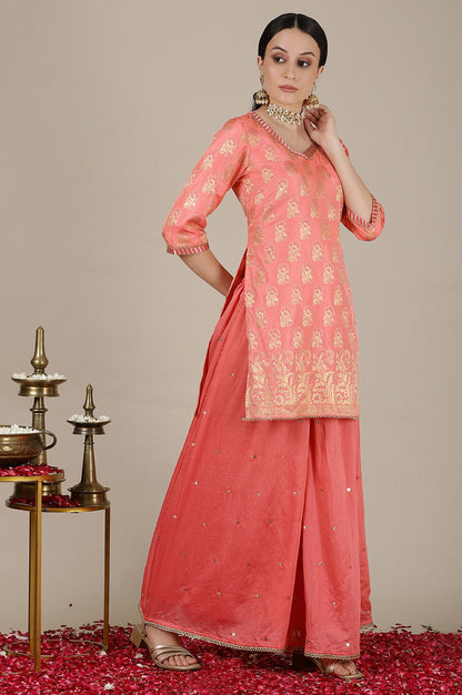 Blush Pink Yarn Dyed Short Festive Kurta, Embroidered Palazzo and Jacquard Dupatta Set