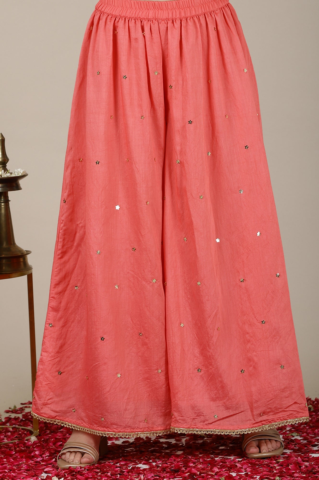 Blush Pink Yarn Dyed Short Festive Kurta, Embroidered Palazzo and Jacquard Dupatta Set