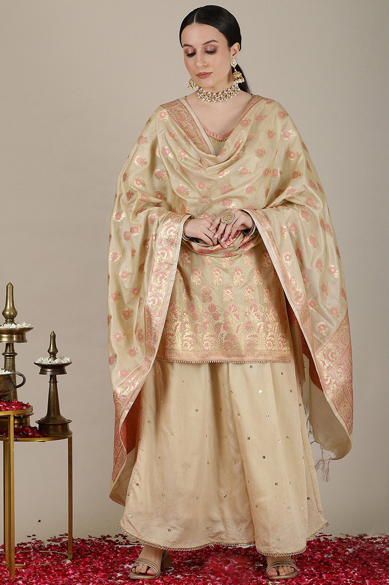 Beige Yarn Dyed Short Kurta with Lace, Embellished Palazzo and Jacquard Dupatta