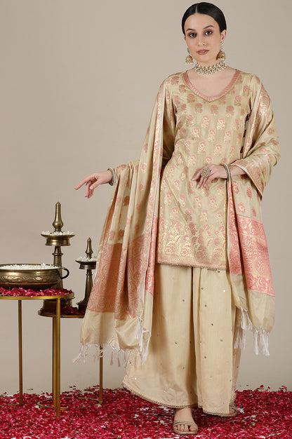 Beige Yarn Dyed Short Kurta with Lace, Embellished Palazzo and Jacquard Dupatta