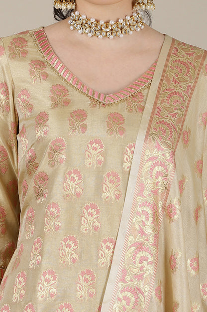 Beige Yarn Dyed Short Kurta with Lace, Embellished Palazzo and Jacquard Dupatta