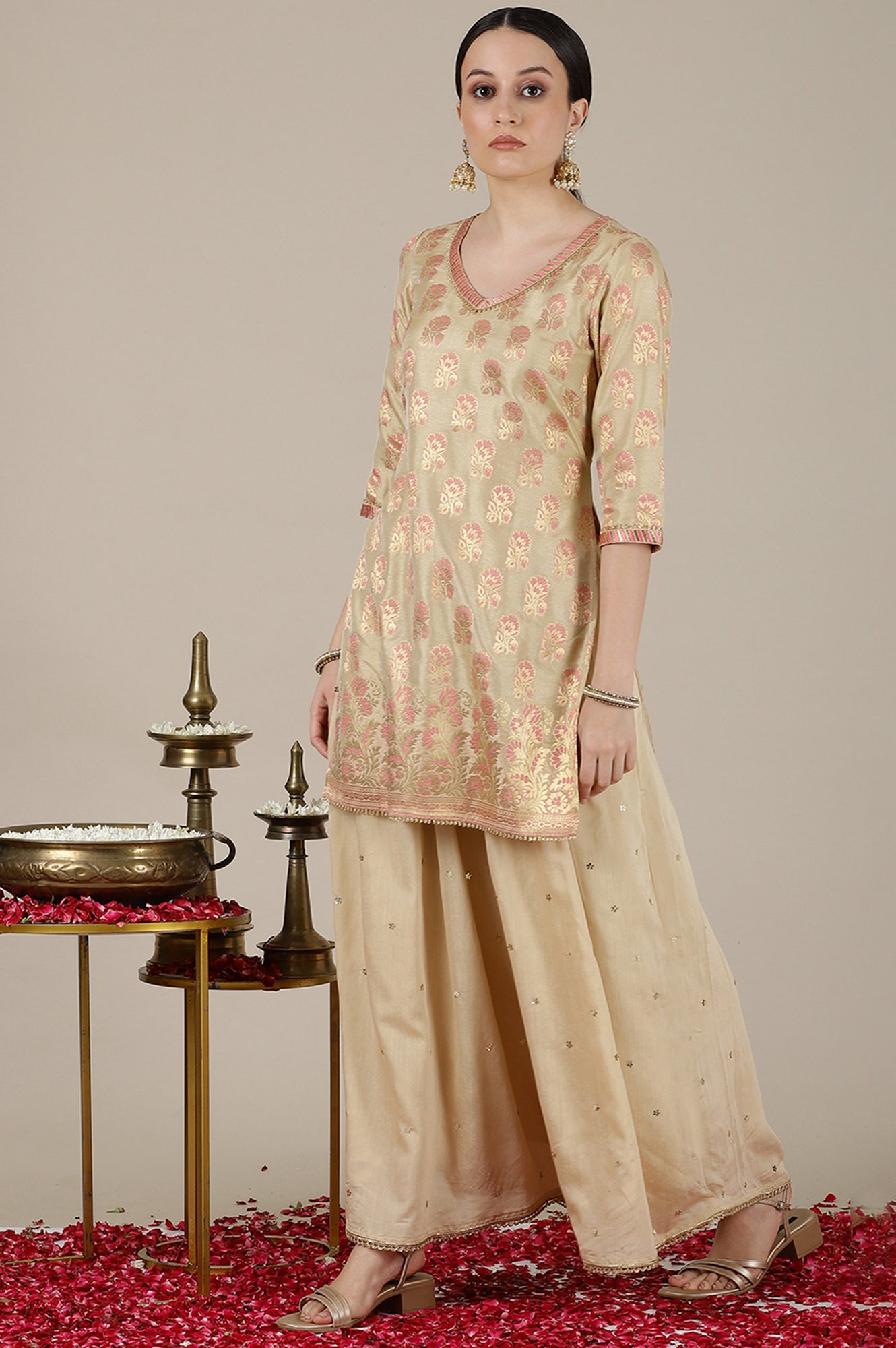 Beige Yarn Dyed Short Kurta with Lace, Embellished Palazzo and Jacquard Dupatta