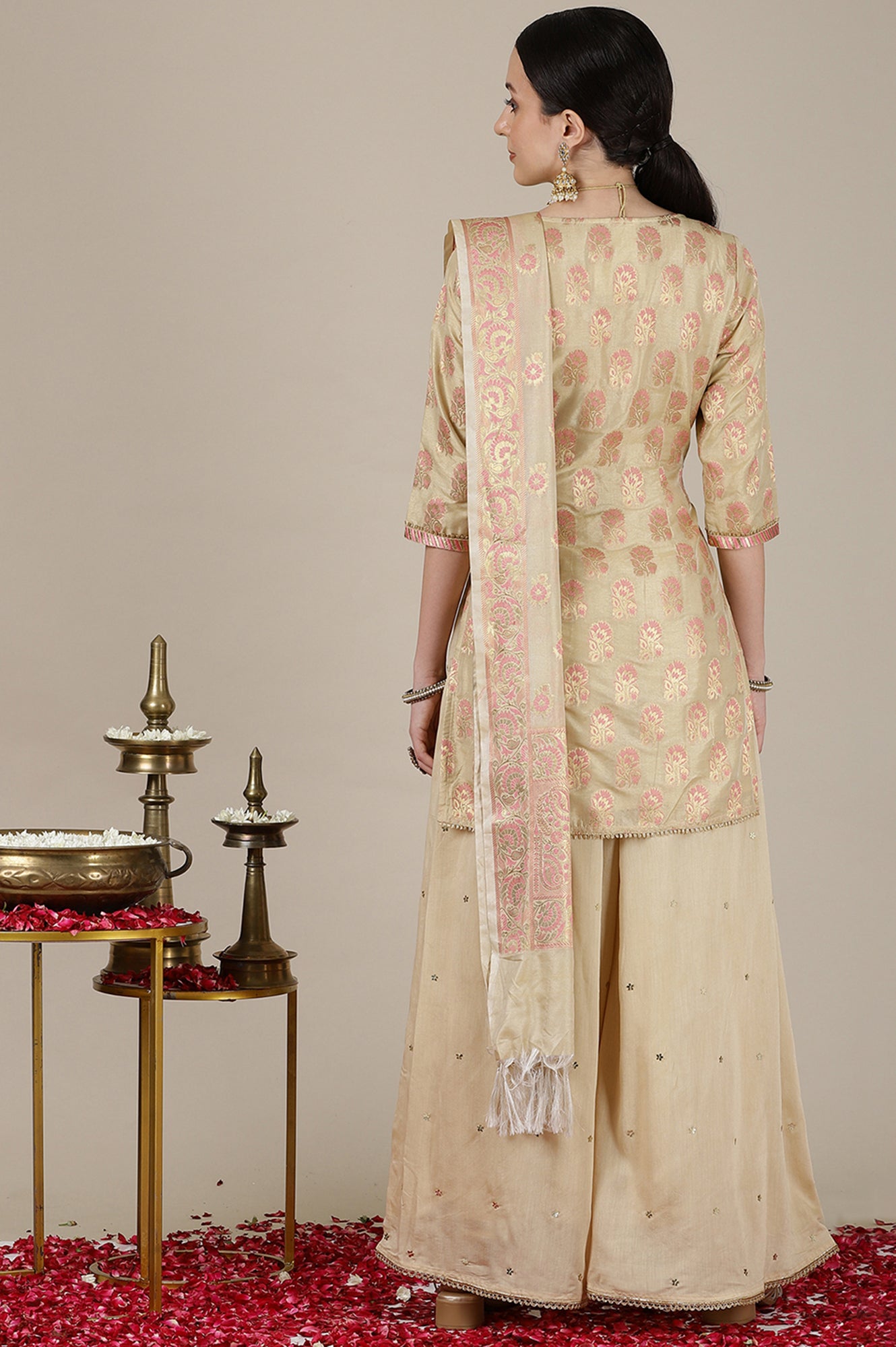 Beige Yarn Dyed Short Kurta with Lace, Embellished Palazzo and Jacquard Dupatta