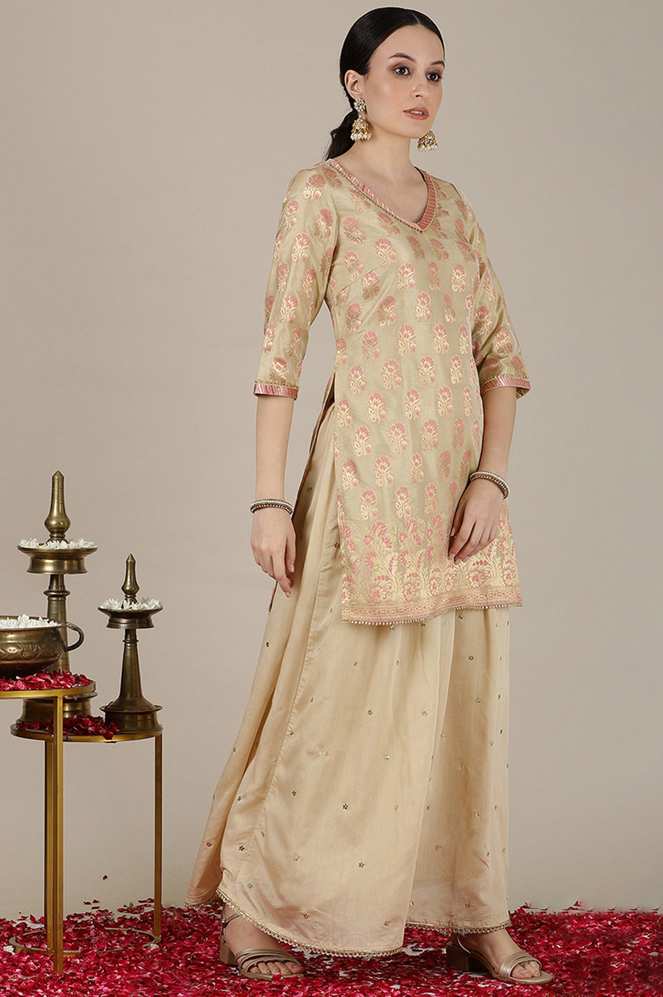 Beige Yarn Dyed Short Kurta with Lace, Embellished Palazzo and Jacquard Dupatta