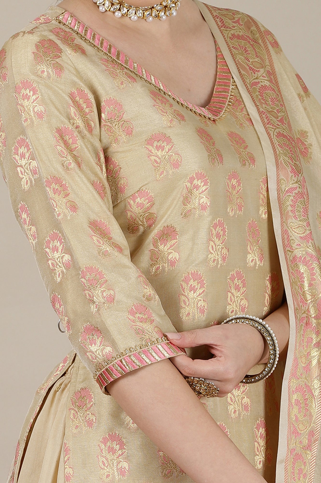 Beige Yarn Dyed Short Kurta with Lace, Embellished Palazzo and Jacquard Dupatta