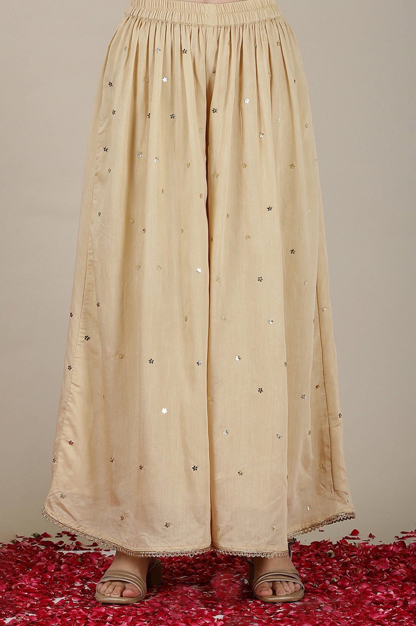 Beige Yarn Dyed Short Kurta with Lace, Embellished Palazzo and Jacquard Dupatta